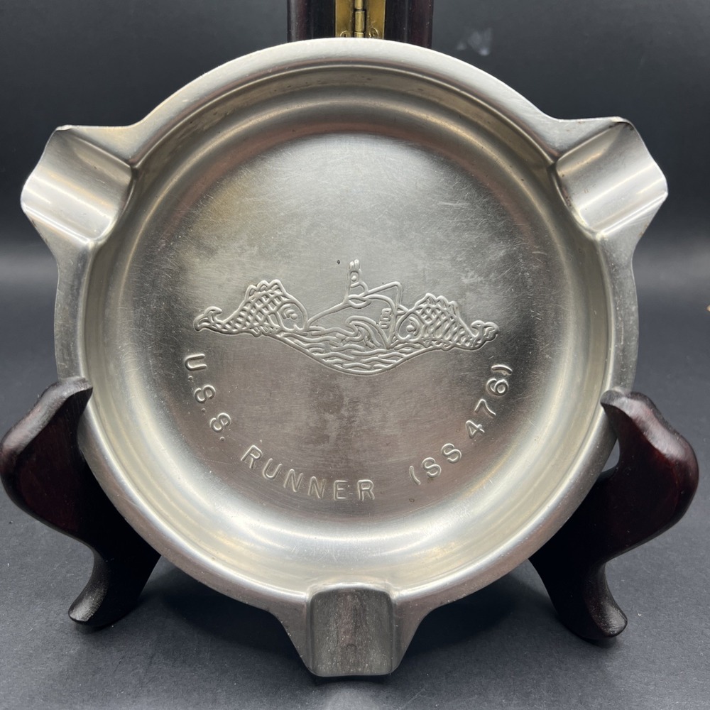 USS Runner SS 476 Submarine Vintage Metal Ashtray Dolphins COB Shirley Estate